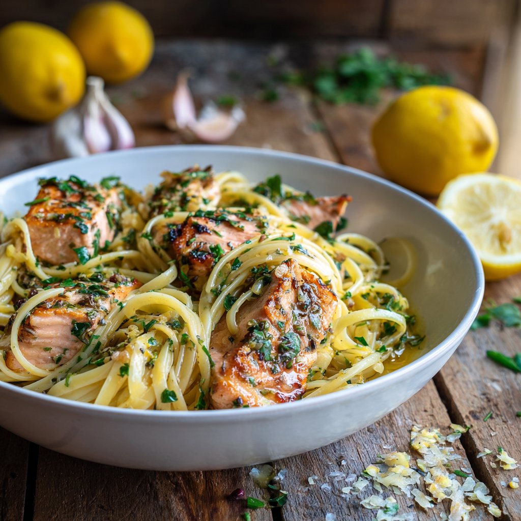 Lemon Garlic Salmon Linguine